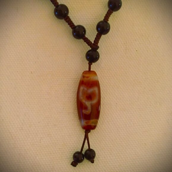 Vintage Tibetan Mala (Prayer Beads) w/ Fire Agate Dzi and Black Obsidian Beads - Picture 4 of 10